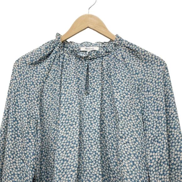 Madewell 100% Silk Poet Top Dusty Slate Blue & Cream Bitsy Floral Size Medium - Picture 7 of 15